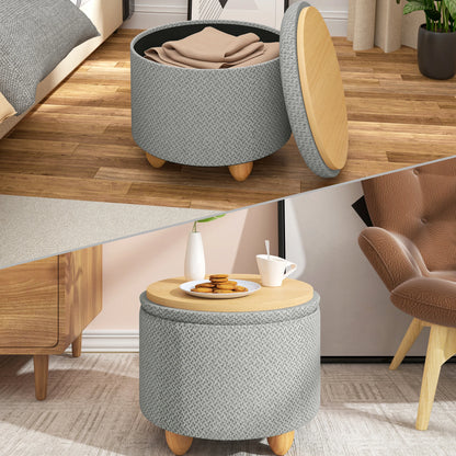 Upholstered Storage Pouf Ottoman with Lid and Pine Legs - Foldable Space-Saving Stool for Living Room and Bedroom