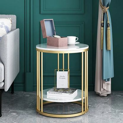 Elegant 2-Tier White Marble Round Side Table with Jewelry Storage