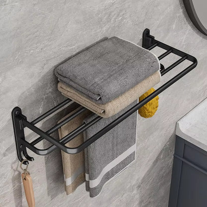 Matte Black 50CM Wall-Mounted Folding Towel Holder with Hook - Aluminum Towel Rack