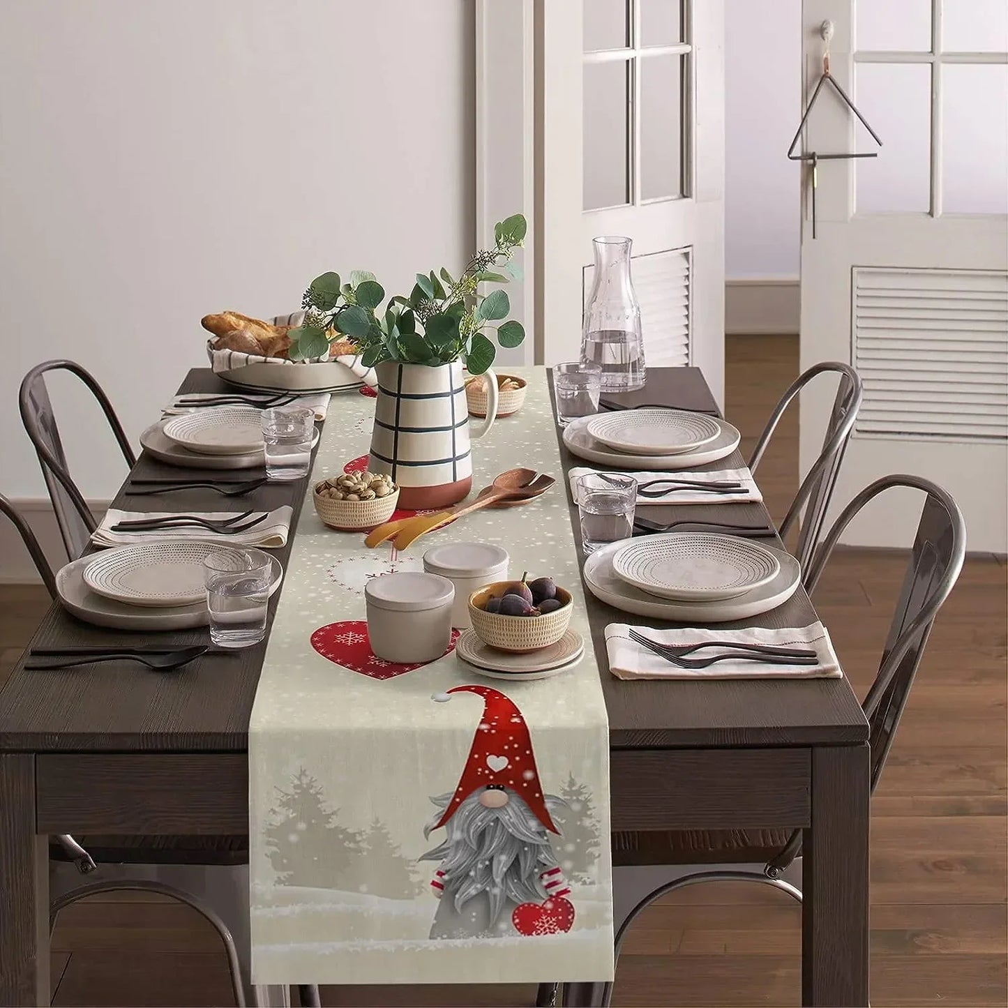 Christmas Gnome Snowflake Heart Linen Table Runner - Reusable Dresser Scarf for Kitchen and Dining Table Decor