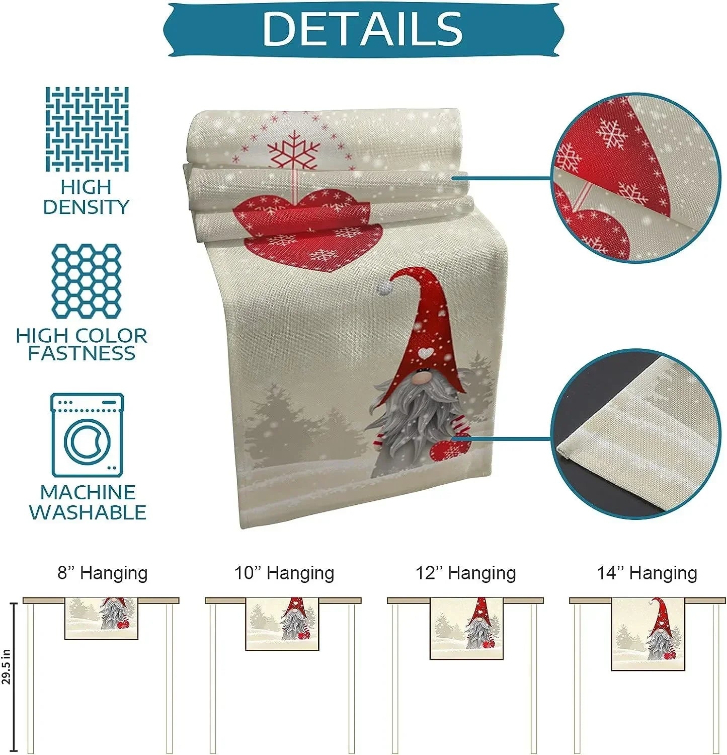 Christmas Gnome Snowflake Heart Linen Table Runner - Reusable Dresser Scarf for Kitchen and Dining Table Decor