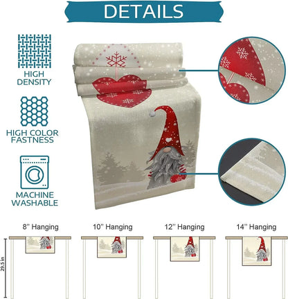 Christmas Gnome Snowflake Heart Linen Table Runner - Reusable Dresser Scarf for Kitchen and Dining Table Decor