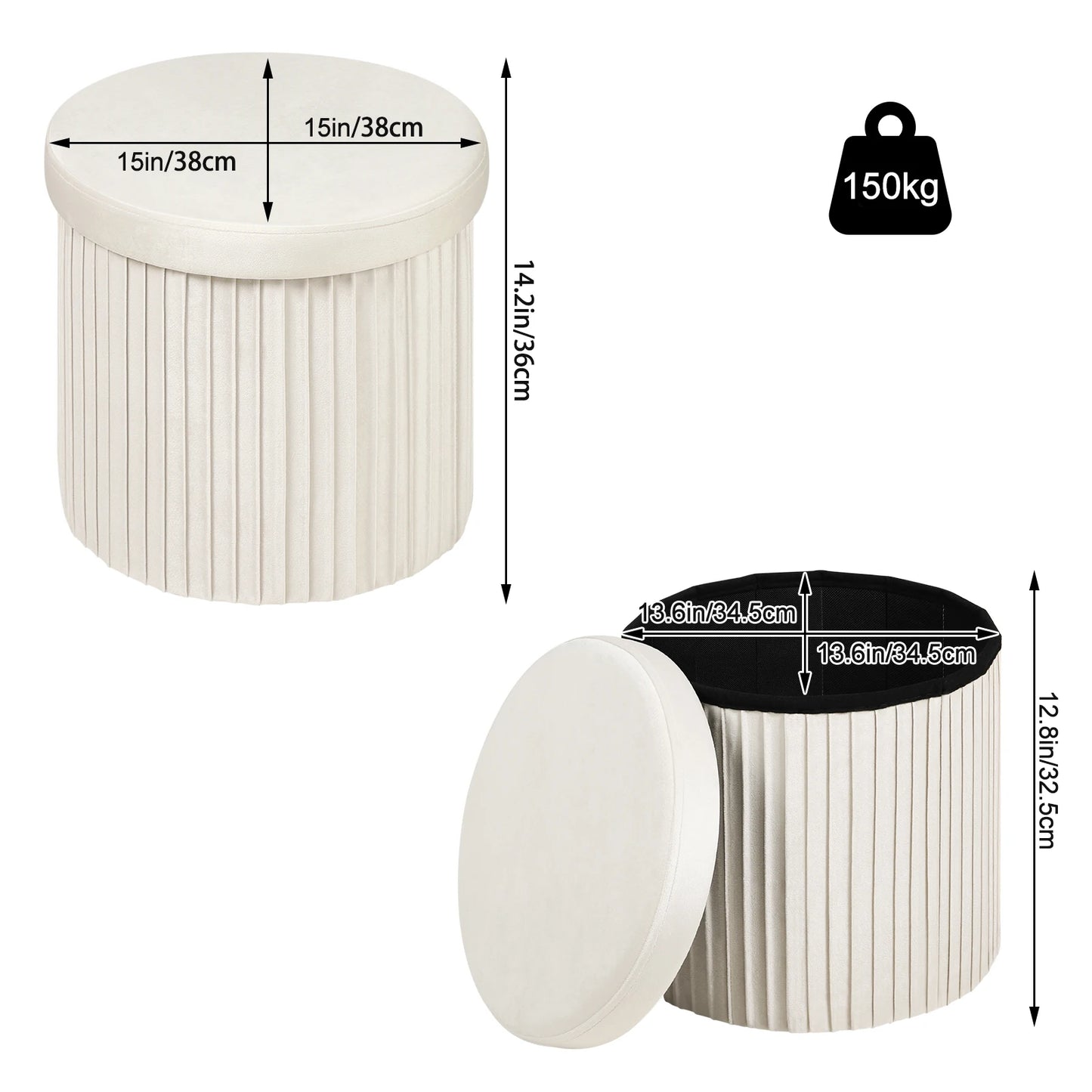 Velvet Round Ottoman with MDF Foldable Design and Removable Padded Lid - Stylish Storage Solution for Living Room Footstool