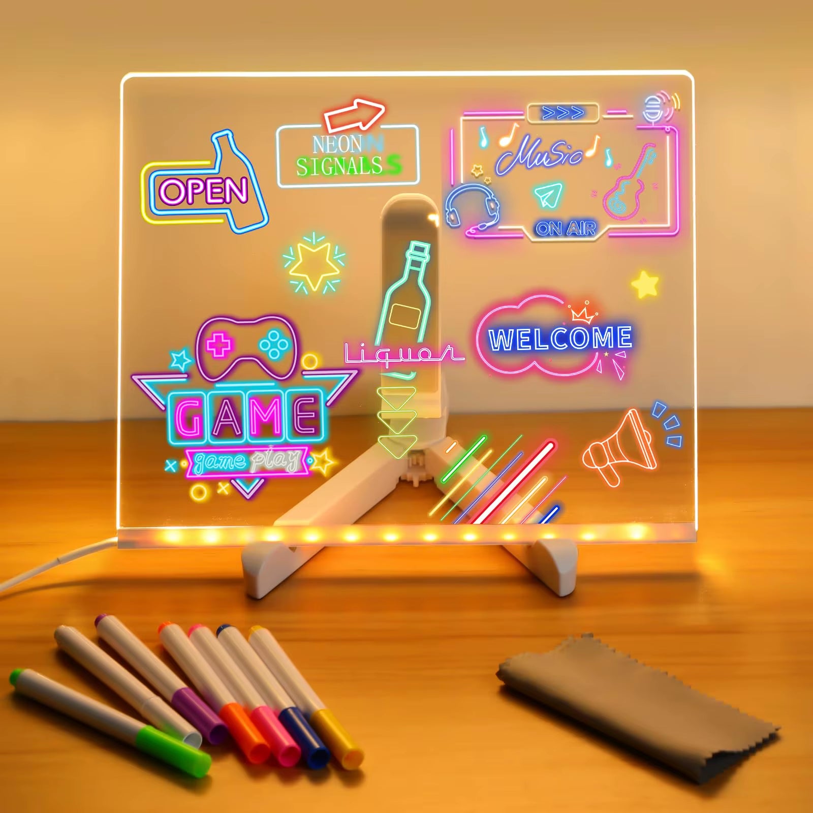 LED Message Board with Night Light - Colorful DIY Acrylic Drawing Board and 7 Pens for Children's Birthday Gifts