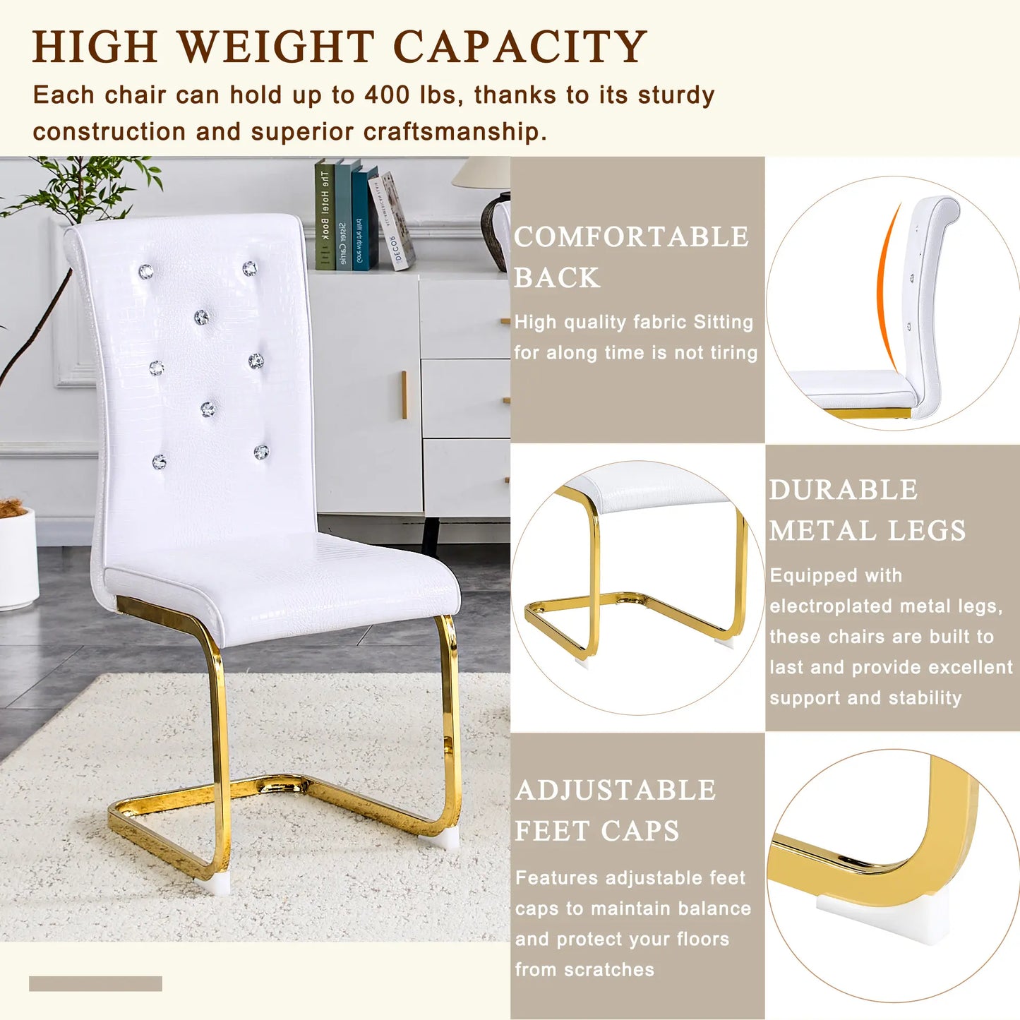 Set of 4/6 Retro Faux Crocodile Leather Dining Chairs with Crystal Buckle, Upholstered Bow-Shaped Metal Legs, Ideal for Living Room and Kitchen