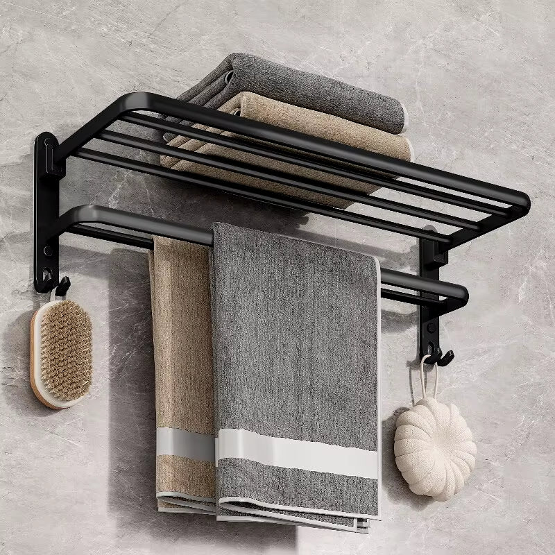 Matte Black 50CM Wall-Mounted Folding Towel Holder with Hook - Aluminum Towel Rack