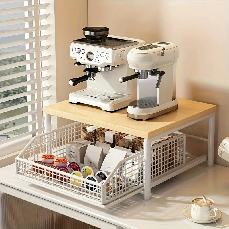Contemporary Kitchen Microwave Storage Rack - Durable Solid Wood and Metal Design, Efficient Countertop Organizer