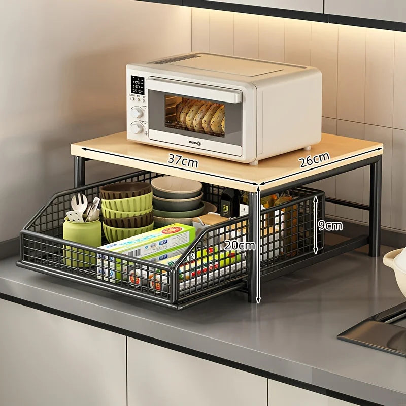 Contemporary Kitchen Microwave Storage Rack - Durable Solid Wood and Metal Design, Efficient Countertop Organizer