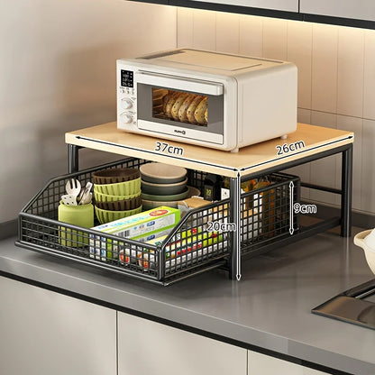 Contemporary Kitchen Microwave Storage Rack - Durable Solid Wood and Metal Design, Efficient Countertop Organizer