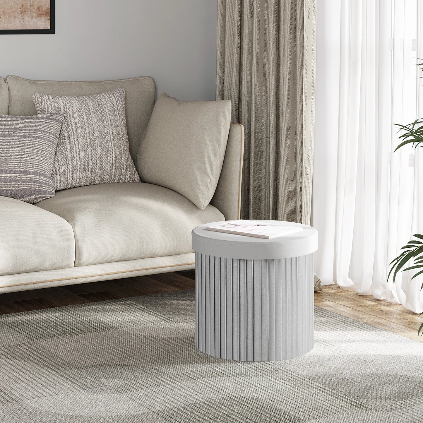 Velvet Round Ottoman with MDF Foldable Design and Removable Padded Lid - Stylish Storage Solution for Living Room Footstool