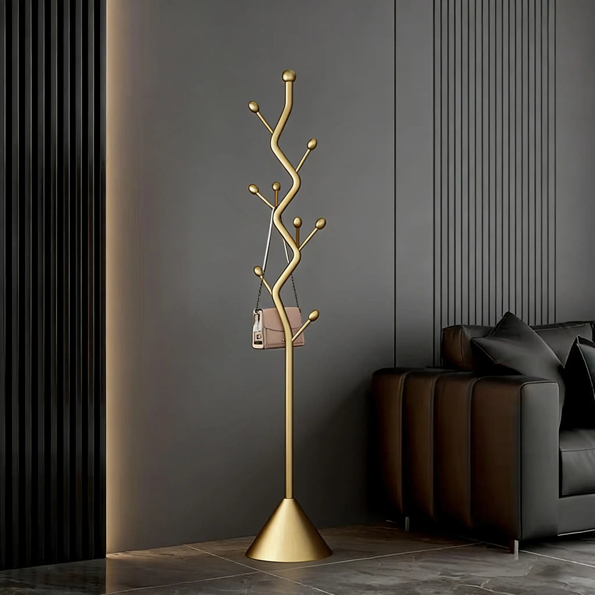 Tree-Shaped Freestanding Coat Rack with 8 Hooks and Sturdy Cast Iron Base - Heavy Duty Metal Hanger for Coats, Hats, Scarves, and Purses (Gold)