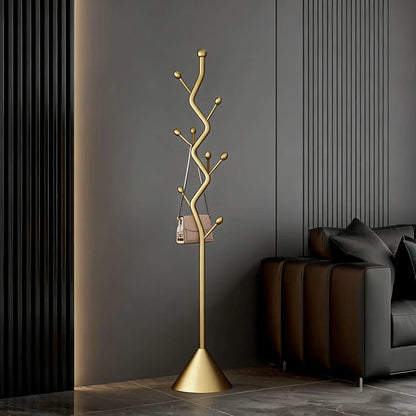 Tree-Shaped Freestanding Coat Rack with 8 Hooks and Sturdy Cast Iron Base - Heavy Duty Metal Hanger for Coats, Hats, Scarves, and Purses (Gold)