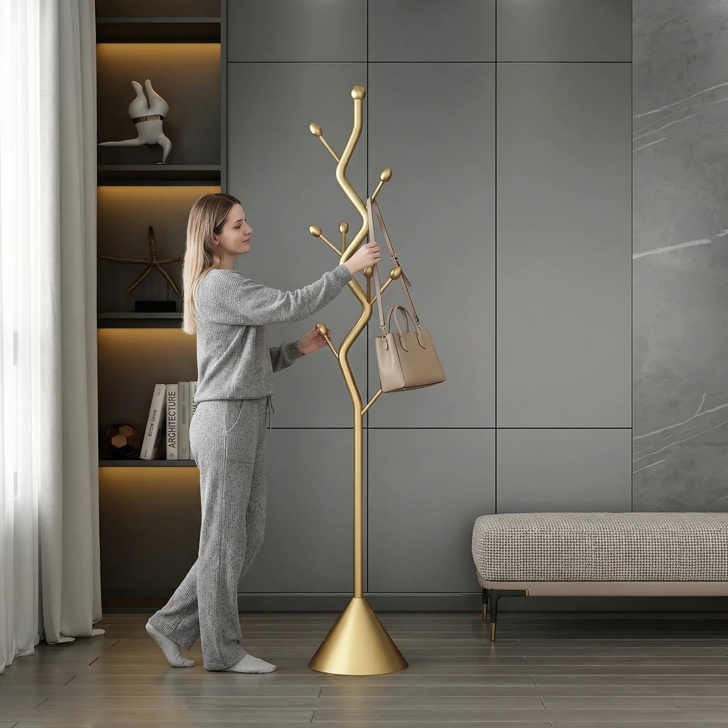 Tree-Shaped Freestanding Coat Rack with 8 Hooks and Sturdy Cast Iron Base - Heavy Duty Metal Hanger for Coats, Hats, Scarves, and Purses (Gold)