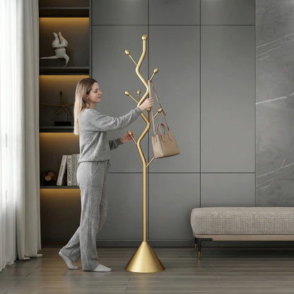 Tree-Shaped Freestanding Coat Rack with 8 Hooks and Sturdy Cast Iron Base - Heavy Duty Metal Hanger for Coats, Hats, Scarves, and Purses (Gold)