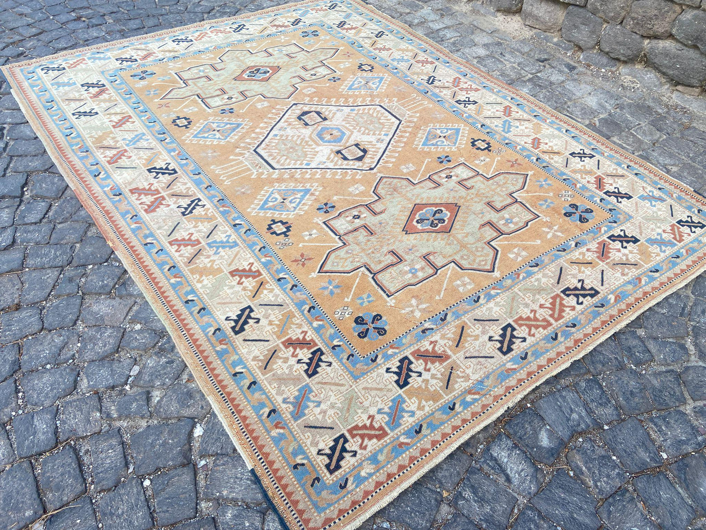 Large Vintage Persian Hand-Knotted Wool Area Rug - 6.9 x 9 Ft Antique Turkish Design