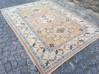 Large Vintage Persian Hand-Knotted Wool Area Rug - 6.9 x 9 Ft Antique Turkish Design