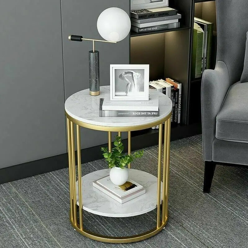 Elegant 2-Tier White Marble Round Side Table with Jewelry Storage