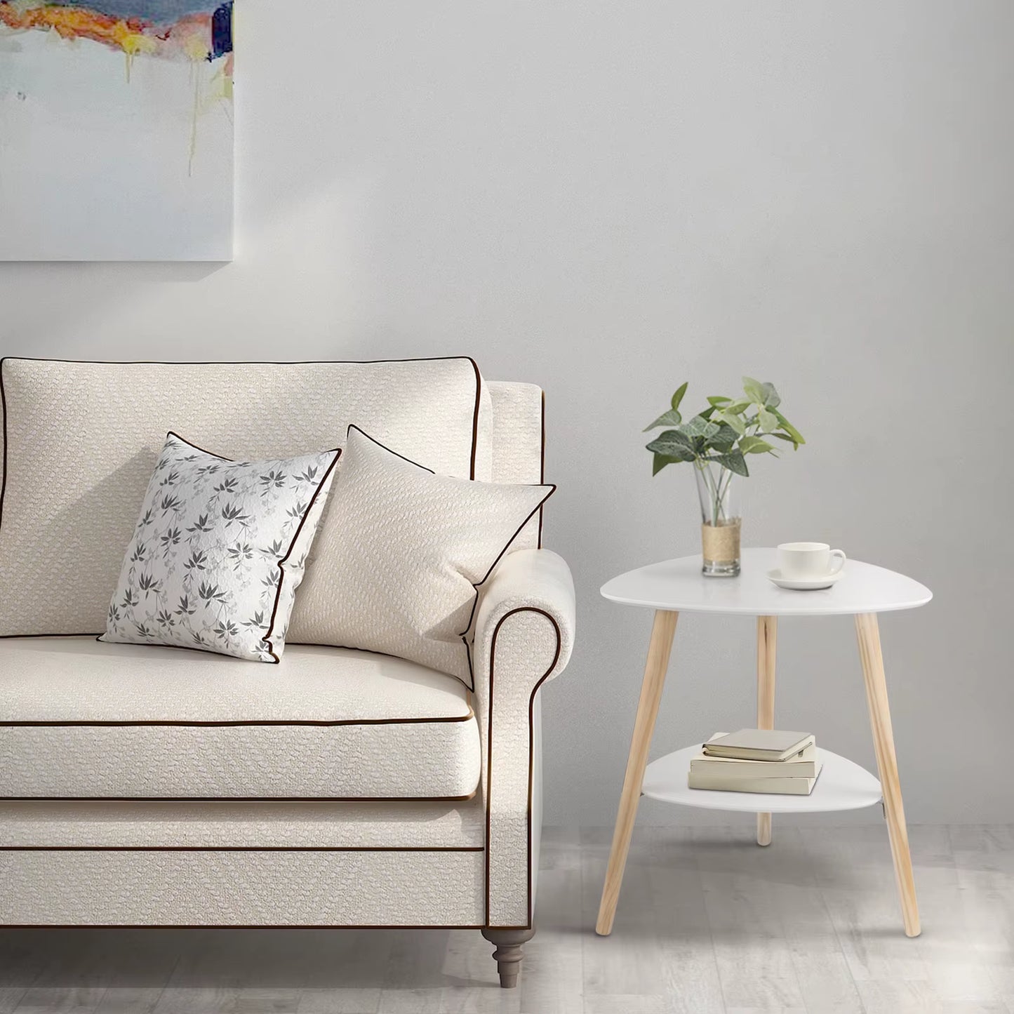White Side Table with Two Storage Compartments, 50x40x55 cm, Wooden Legs, MDF Construction for Living Room or Bedroom
