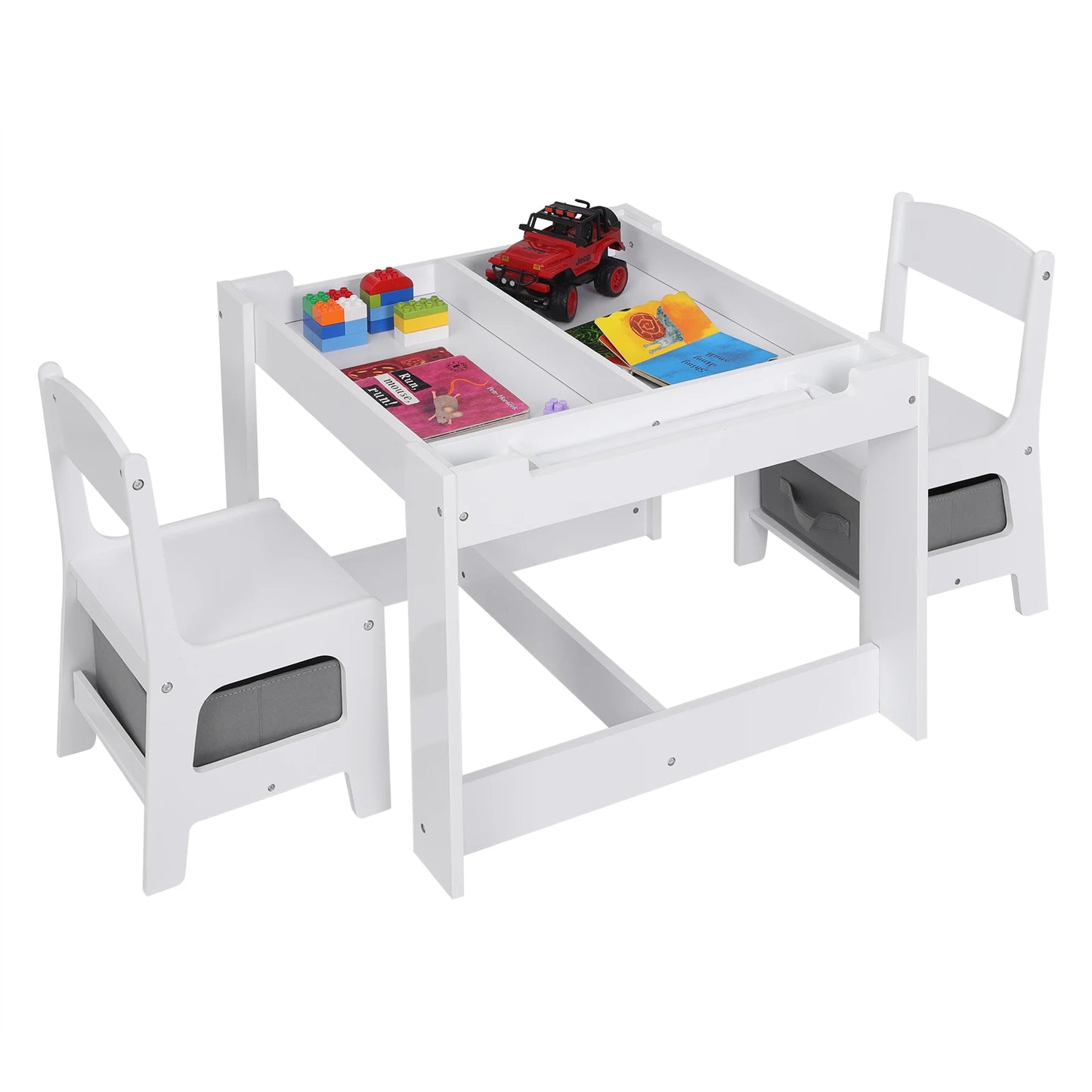 White Children's Table and 2 Chairs Set with Storage Basket, Reversible Blackboard Tabletop, and Paper Roll for Preschool Furniture