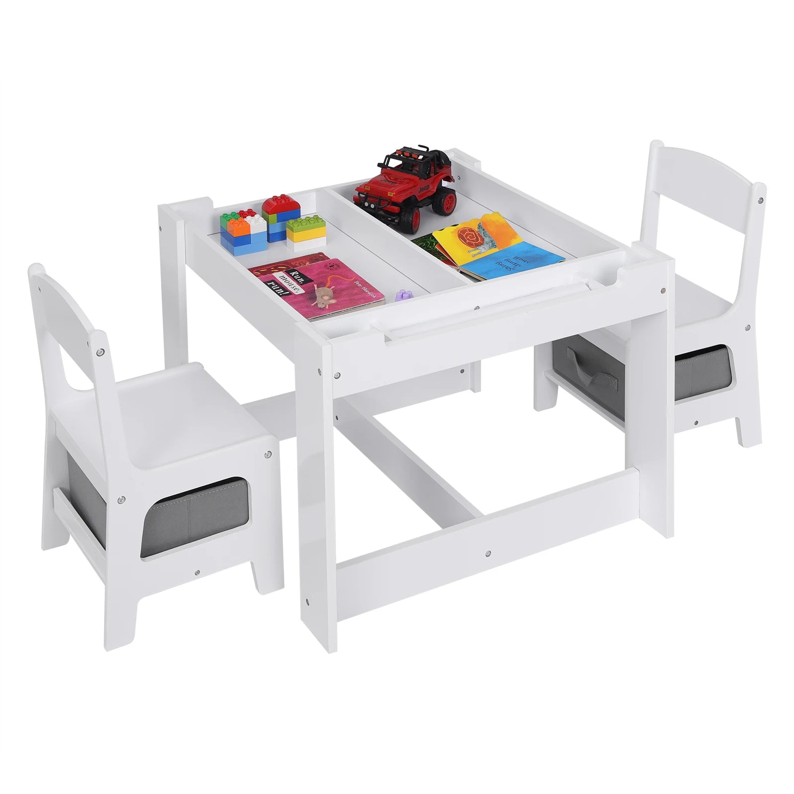 White Children's Table and 2 Chairs Set with Storage Basket, Reversible Blackboard Tabletop, and Paper Roll for Preschool Furniture