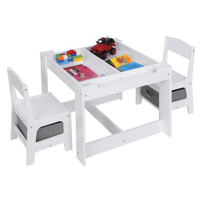 White Children's Table and 2 Chairs Set with Storage Basket, Reversible Blackboard Tabletop, and Paper Roll for Preschool Furniture