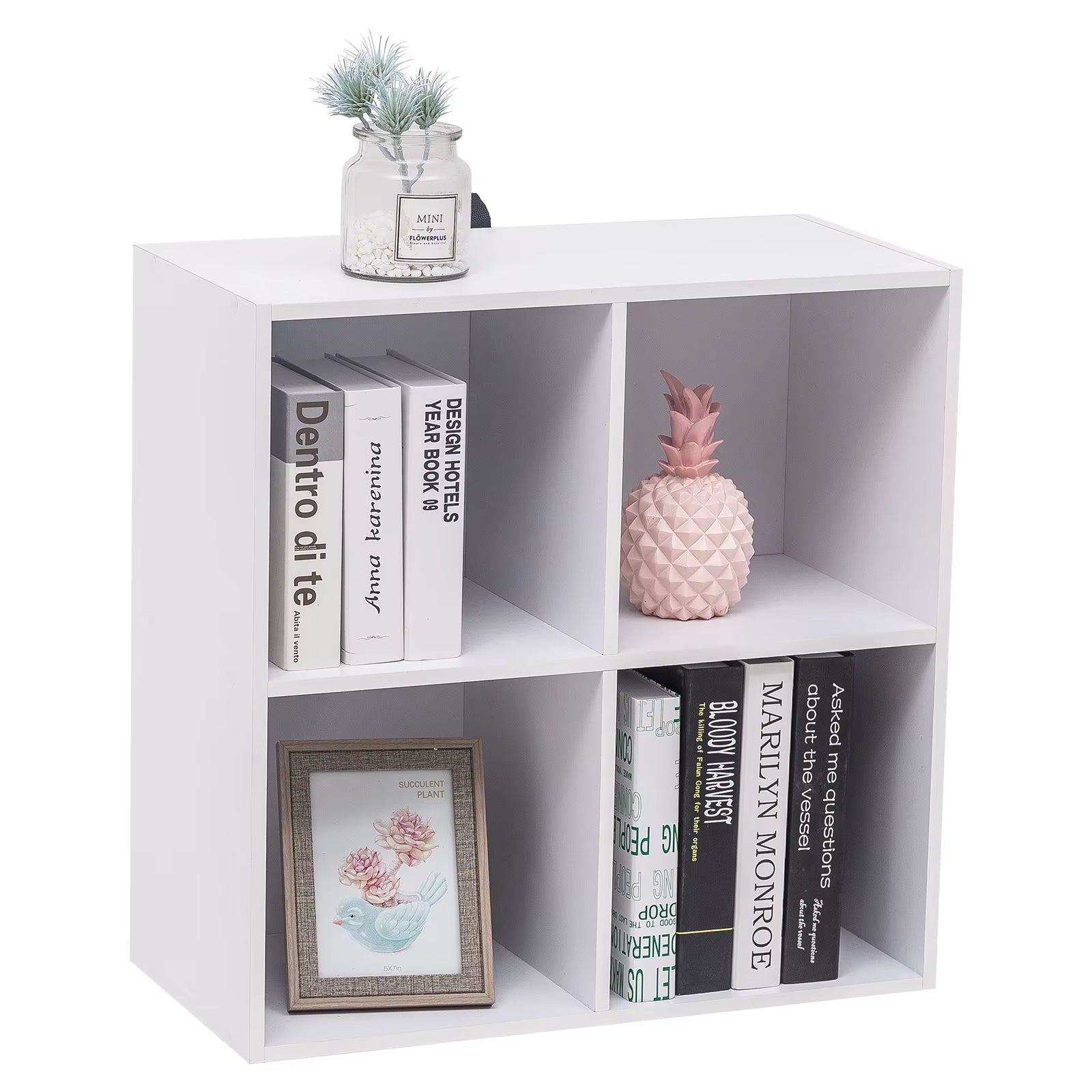 White Wooden Bookshelf with 4 Storage Cubes - Versatile Organizer for Bedroom, Living Room, and Kids' Room