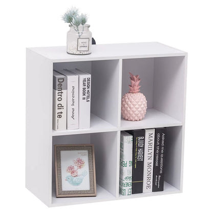 White Wooden Bookshelf with 4 Storage Cubes - Versatile Organizer for Bedroom, Living Room, and Kids' Room