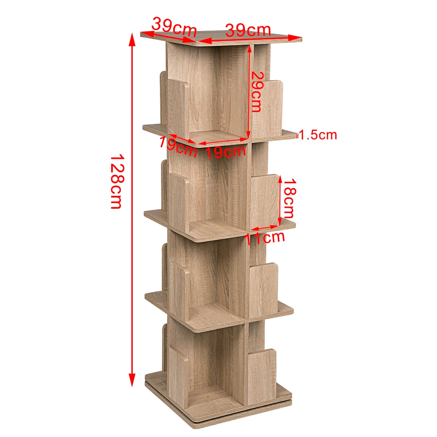 39x39x97 cm MDF 360-Degree Rotating 3-Tier Bookcase Floor Shelf for Living Room Corner Storage