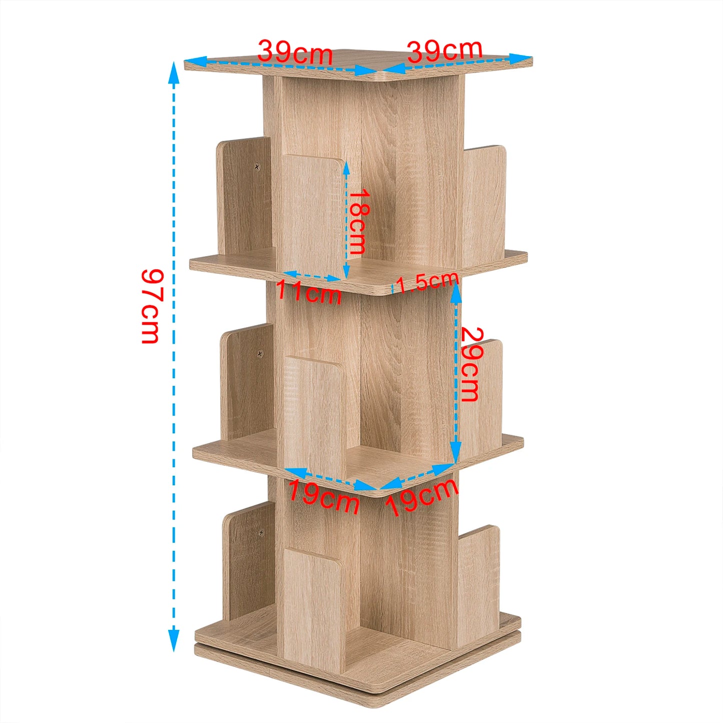 39x39x97 cm MDF 360-Degree Rotating 3-Tier Bookcase Floor Shelf for Living Room Corner Storage