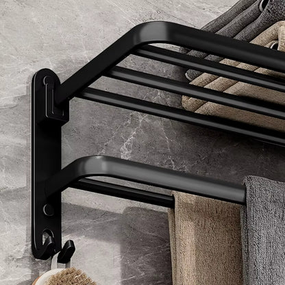 Matte Black 50CM Wall-Mounted Folding Towel Holder with Hook - Aluminum Towel Rack