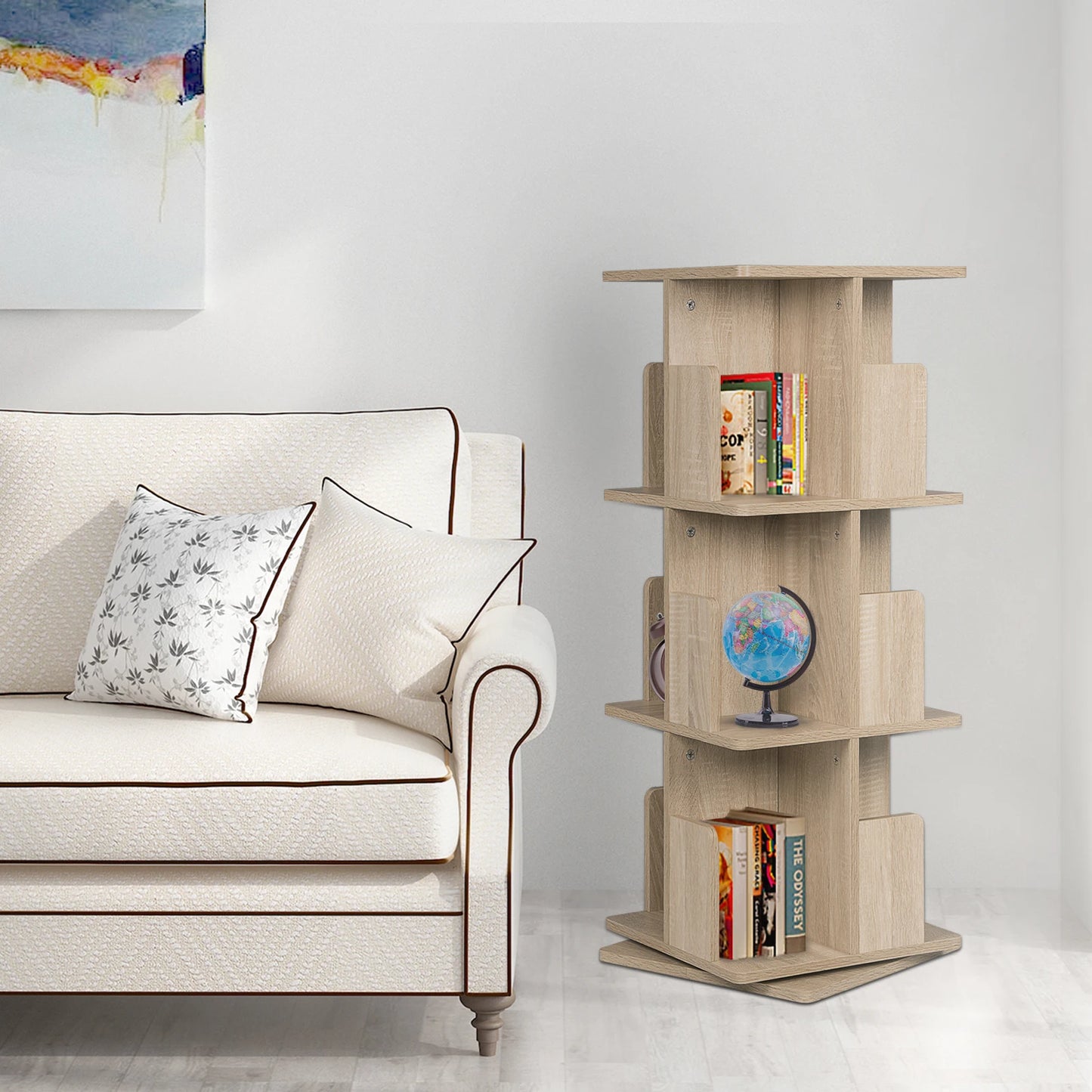39x39x97 cm MDF 360-Degree Rotating 3-Tier Bookcase Floor Shelf for Living Room Corner Storage