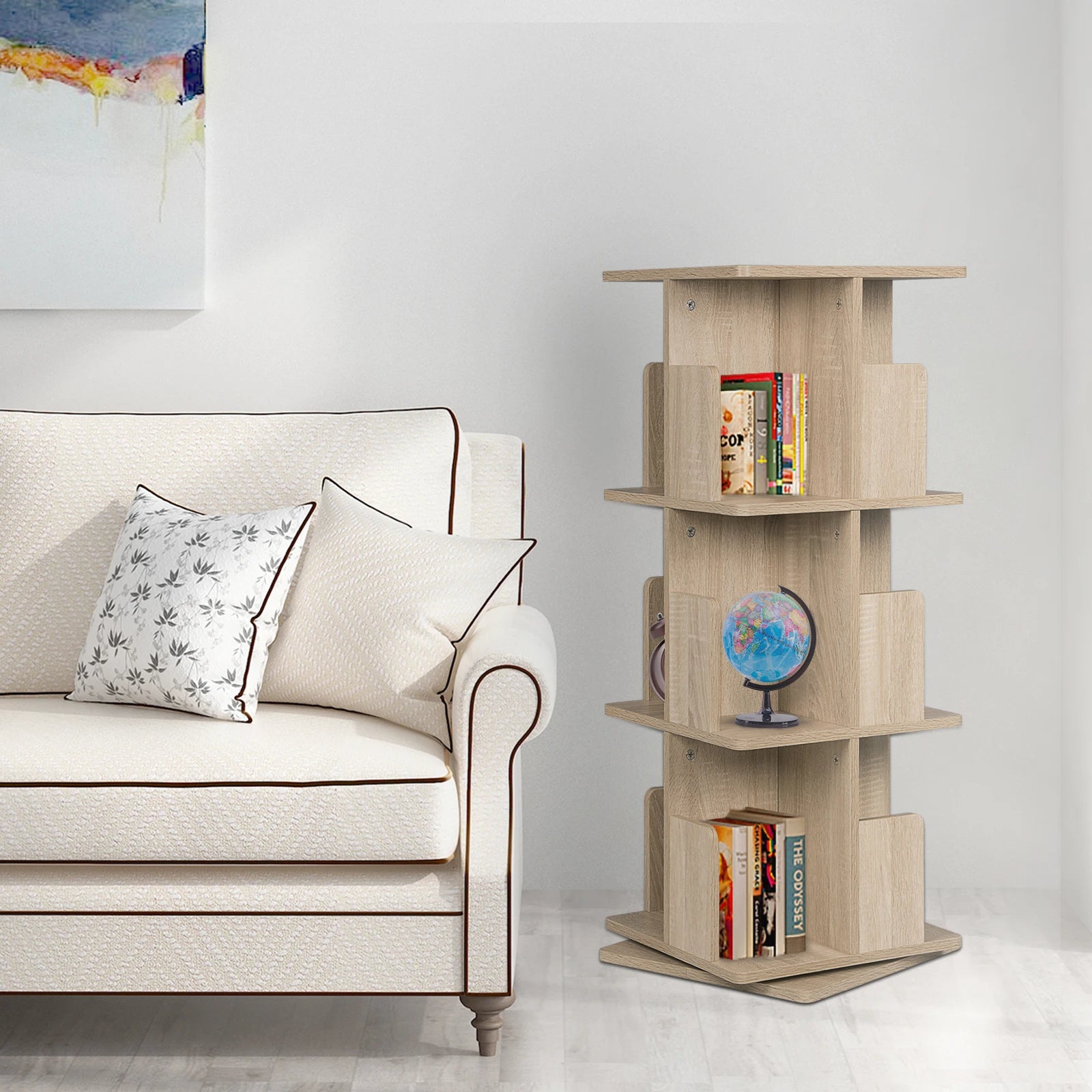 39x39x97 cm MDF 360-Degree Rotating 3-Tier Bookcase Floor Shelf for Living Room Corner Storage
