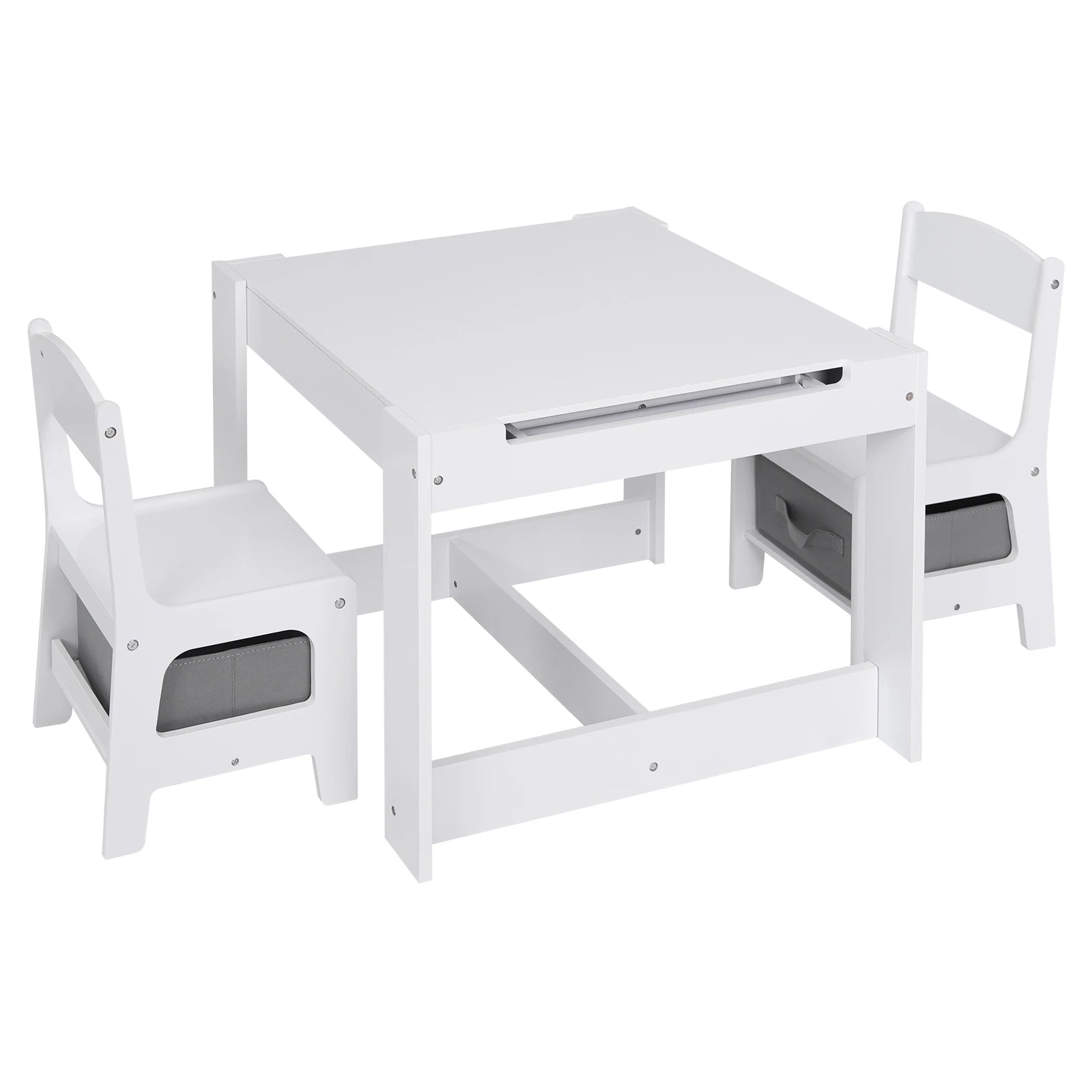White Children's Table and 2 Chairs Set with Storage Basket, Reversible Blackboard Tabletop, and Paper Roll for Preschool Furniture