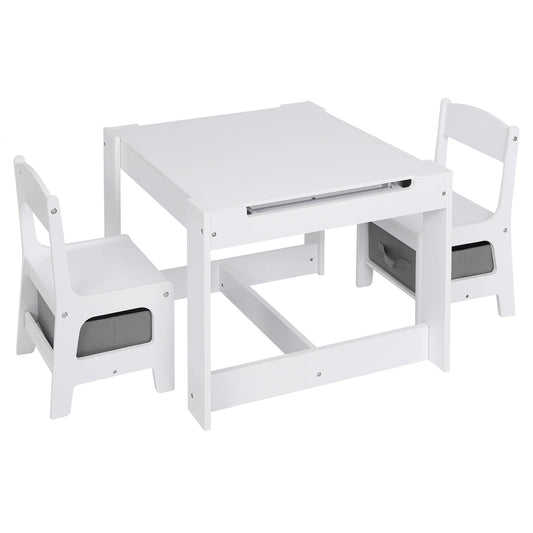 White Children's Table and 2 Chairs Set with Storage Basket, Reversible Blackboard Tabletop, and Paper Roll for Preschool Furniture