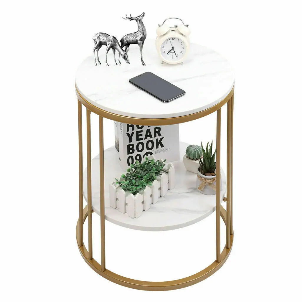 Elegant 2-Tier White Marble Round Side Table with Jewelry Storage