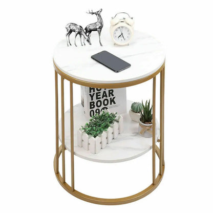 Elegant 2-Tier White Marble Round Side Table with Jewelry Storage