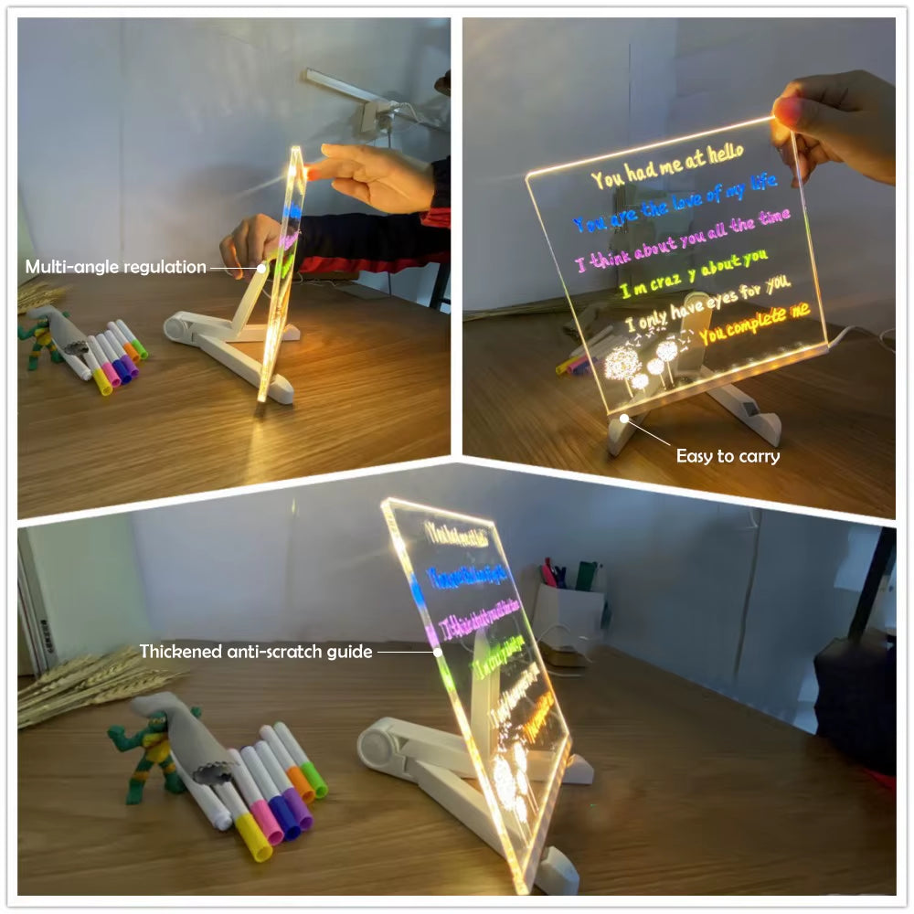 LED Message Board with Night Light - Colorful DIY Acrylic Drawing Board and 7 Pens for Children's Birthday Gifts