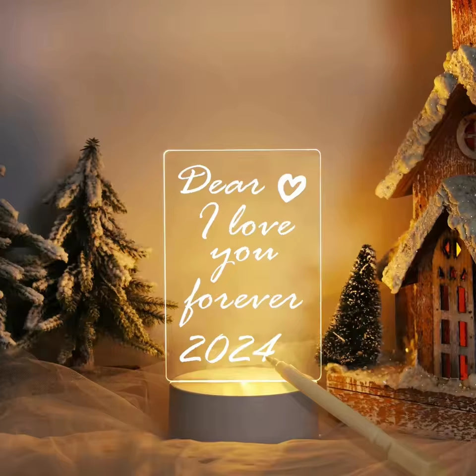 LED Acrylic Drawing Board with Erasable Pen - DIY Notepad and Message Board Night Lamp for Children