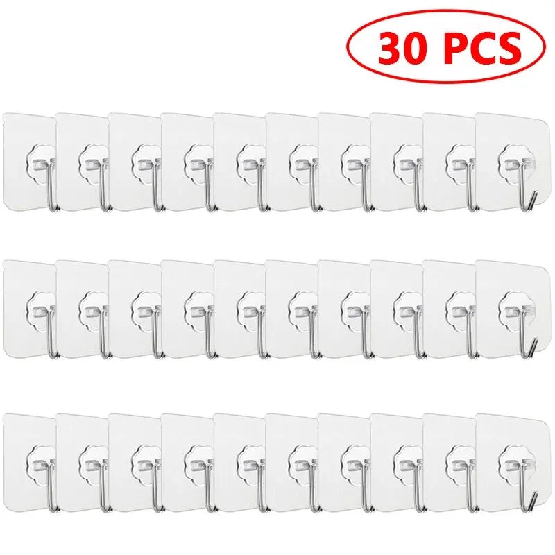 30-Piece Transparent Strong Self-Adhesive Wall and Door Hooks - Heavy-Duty Suction Cup Hangers for Kitchen and Bathroom Use