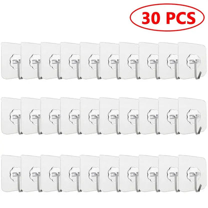 30-Piece Transparent Strong Self-Adhesive Wall and Door Hooks - Heavy-Duty Suction Cup Hangers for Kitchen and Bathroom Use