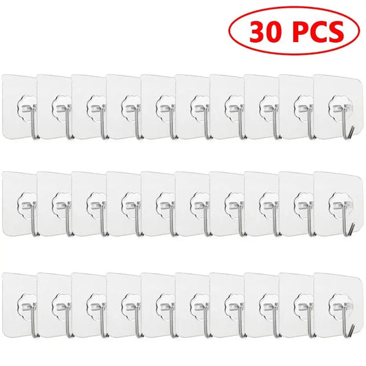 30-Piece Transparent Strong Self-Adhesive Wall and Door Hooks - Heavy-Duty Suction Cup Hangers for Kitchen and Bathroom Use