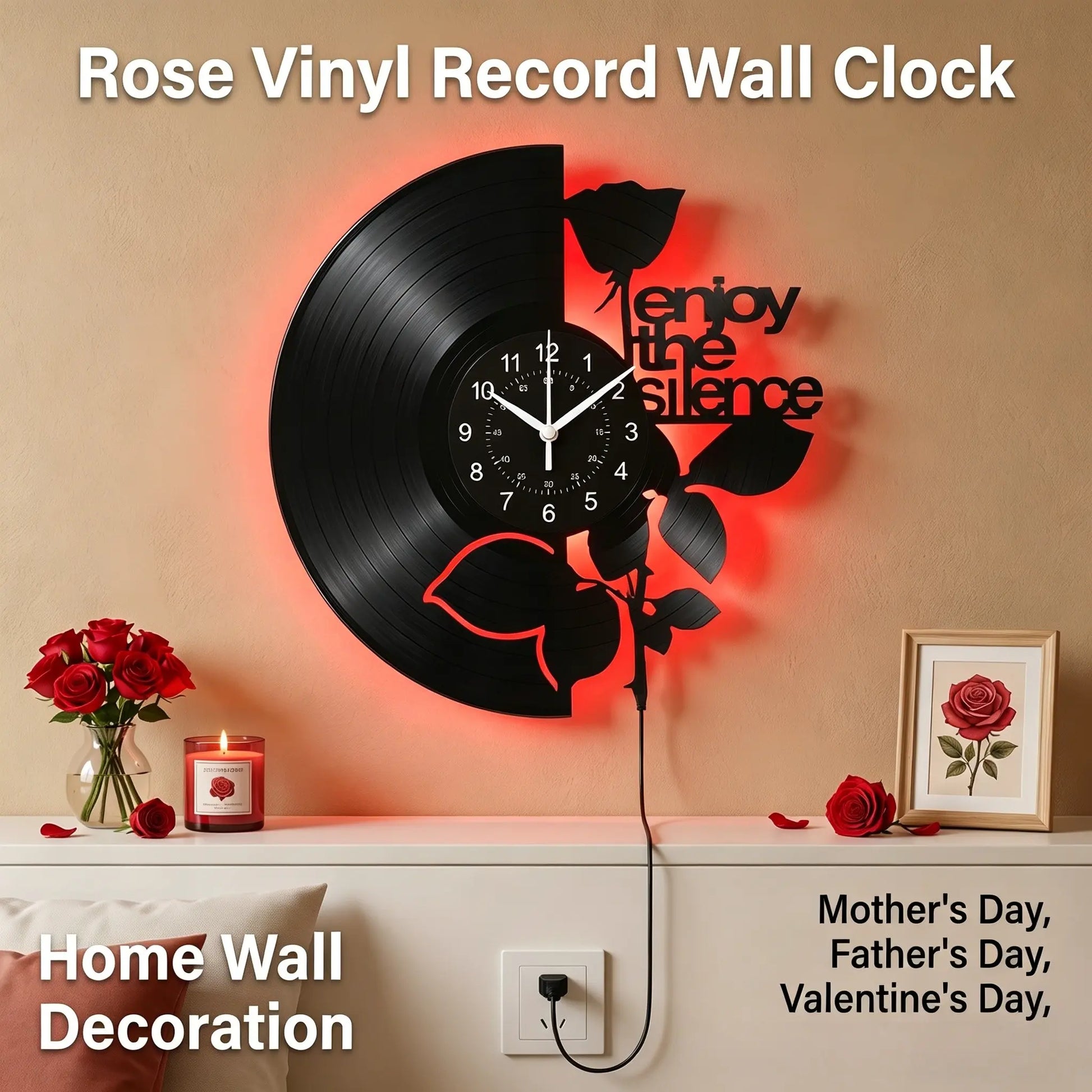 Rose-Shaped LED Vinyl Wall Clock - Modern Floral Design, Silent Operation, Ideal for Home Decor and Gift Giving