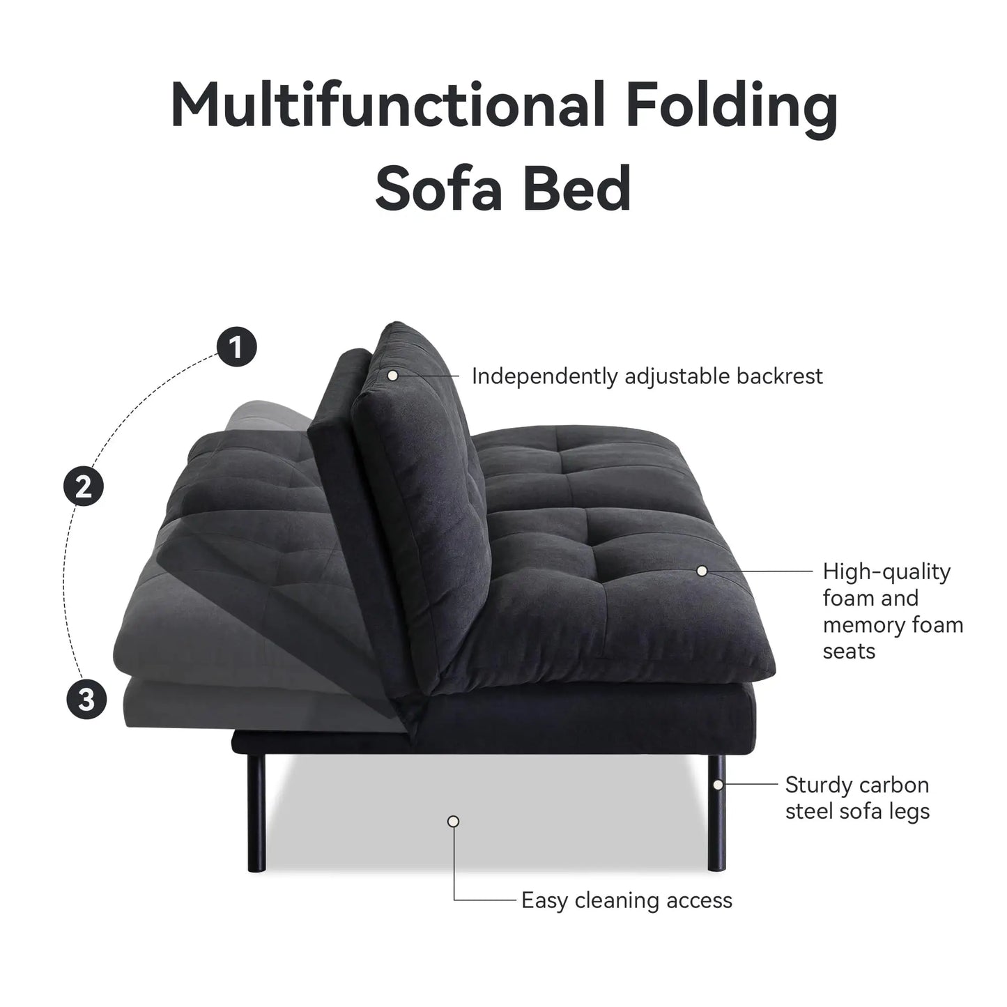 Hcore Memory Foam Futon Sofa Bed - Convertible Black Sleeper Loveseat for Small Spaces