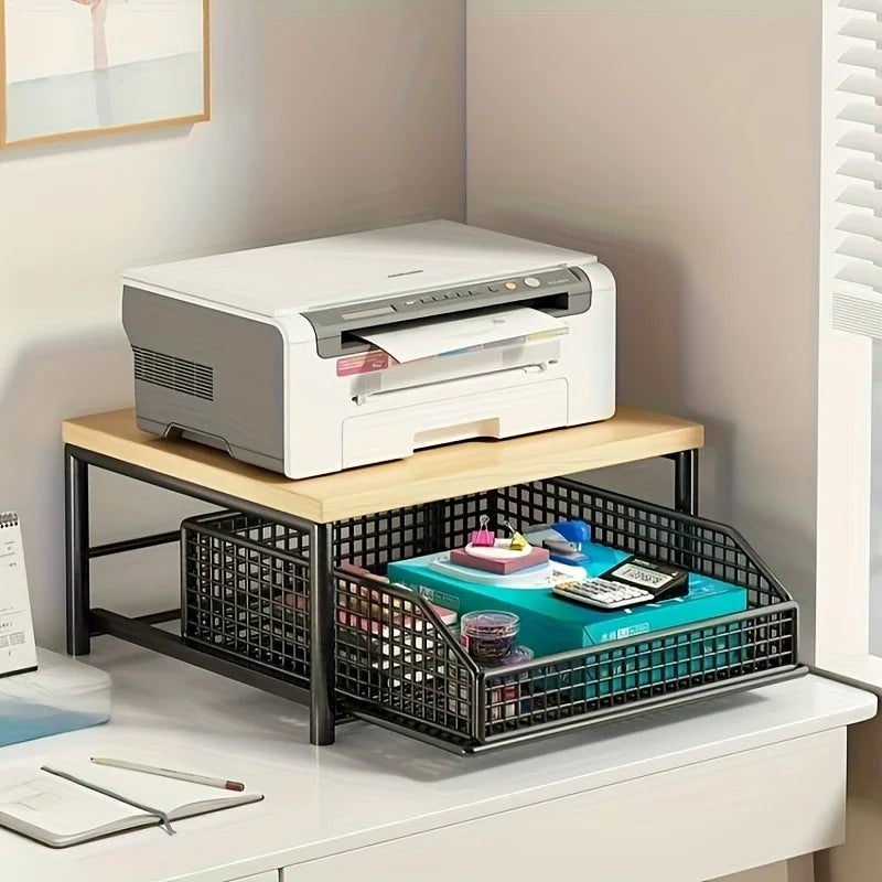 Contemporary Kitchen Microwave Storage Rack - Durable Solid Wood and Metal Design, Efficient Countertop Organizer