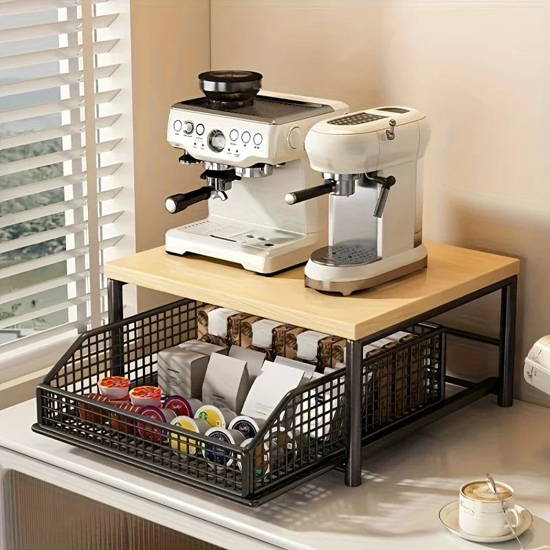 Contemporary Kitchen Microwave Storage Rack - Durable Solid Wood and Metal Design, Efficient Countertop Organizer
