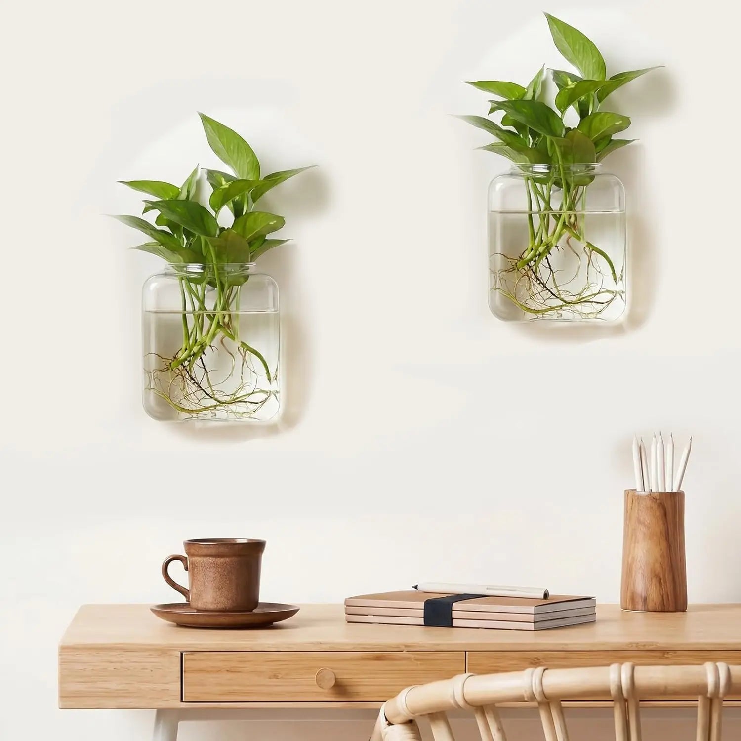 Set of 2 Clear Glass Wall Hanging Planters for Hydroponic Propagation - Elegant Terrarium Vases for Home, Office, and Garden Decor