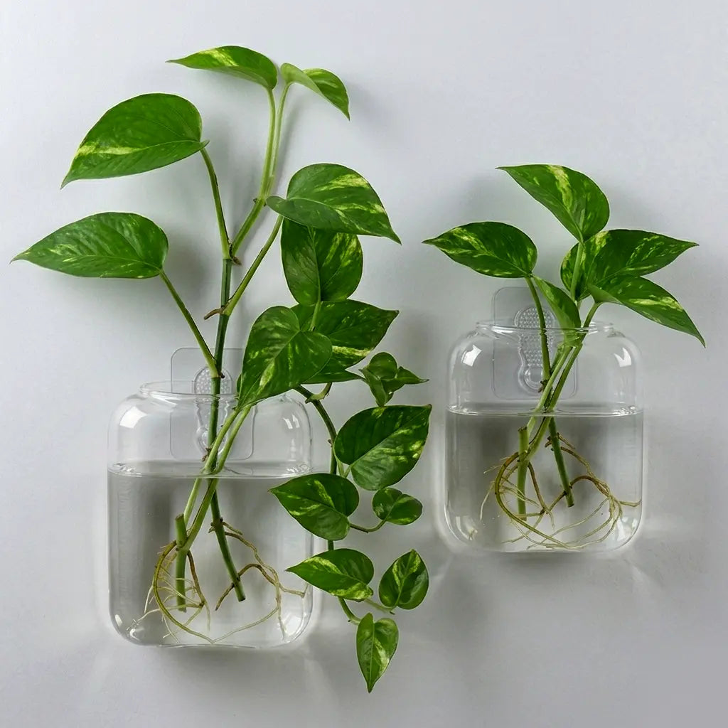 Set of 2 Clear Glass Wall Hanging Planters for Hydroponic Propagation - Elegant Terrarium Vases for Home, Office, and Garden Decor