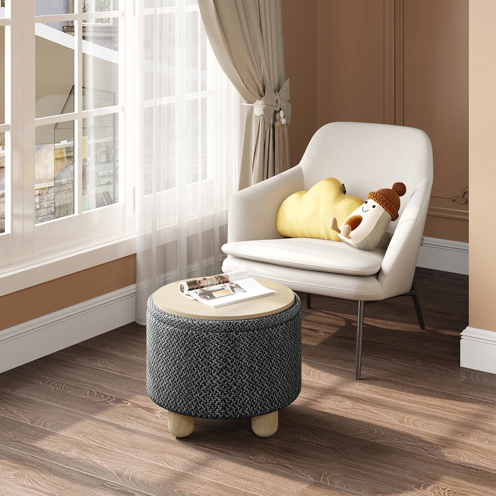 Upholstered Storage Pouf Ottoman with Lid and Pine Legs - Foldable Space-Saving Stool for Living Room and Bedroom