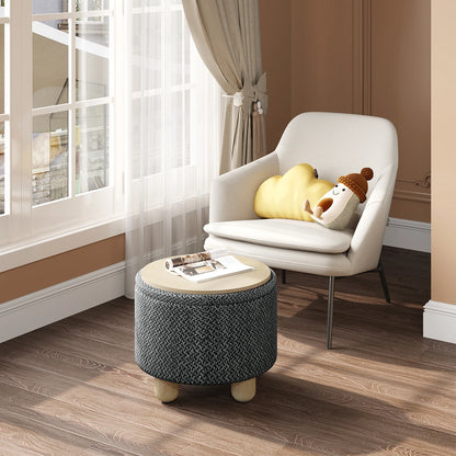 Upholstered Storage Pouf Ottoman with Lid and Pine Legs - Foldable Space-Saving Stool for Living Room and Bedroom