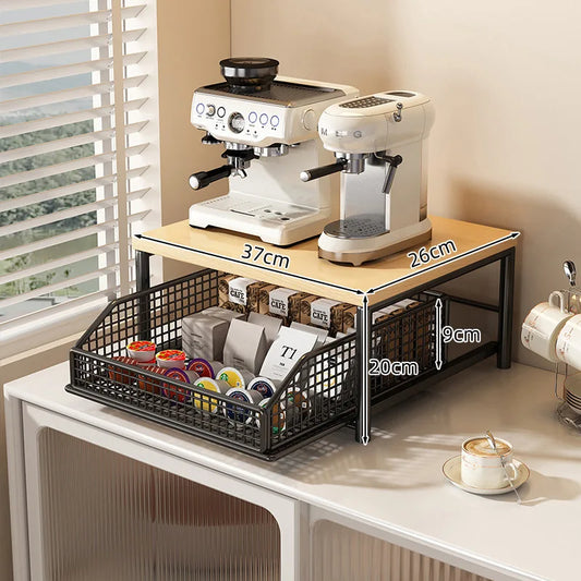 Contemporary Kitchen Microwave Storage Rack - Durable Solid Wood and Metal Design, Efficient Countertop Organizer